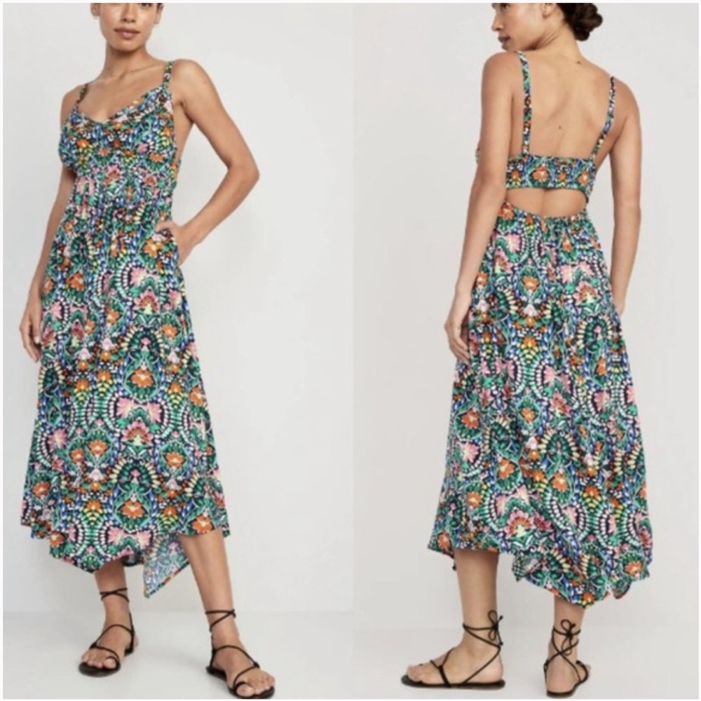 Old Navy NEW Floral Watercolor Print Back Cutout Maxi Tank Dress Sz XL